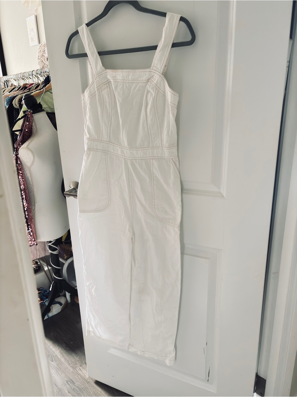 White Cropped Denim Jumpsuit with Pockets